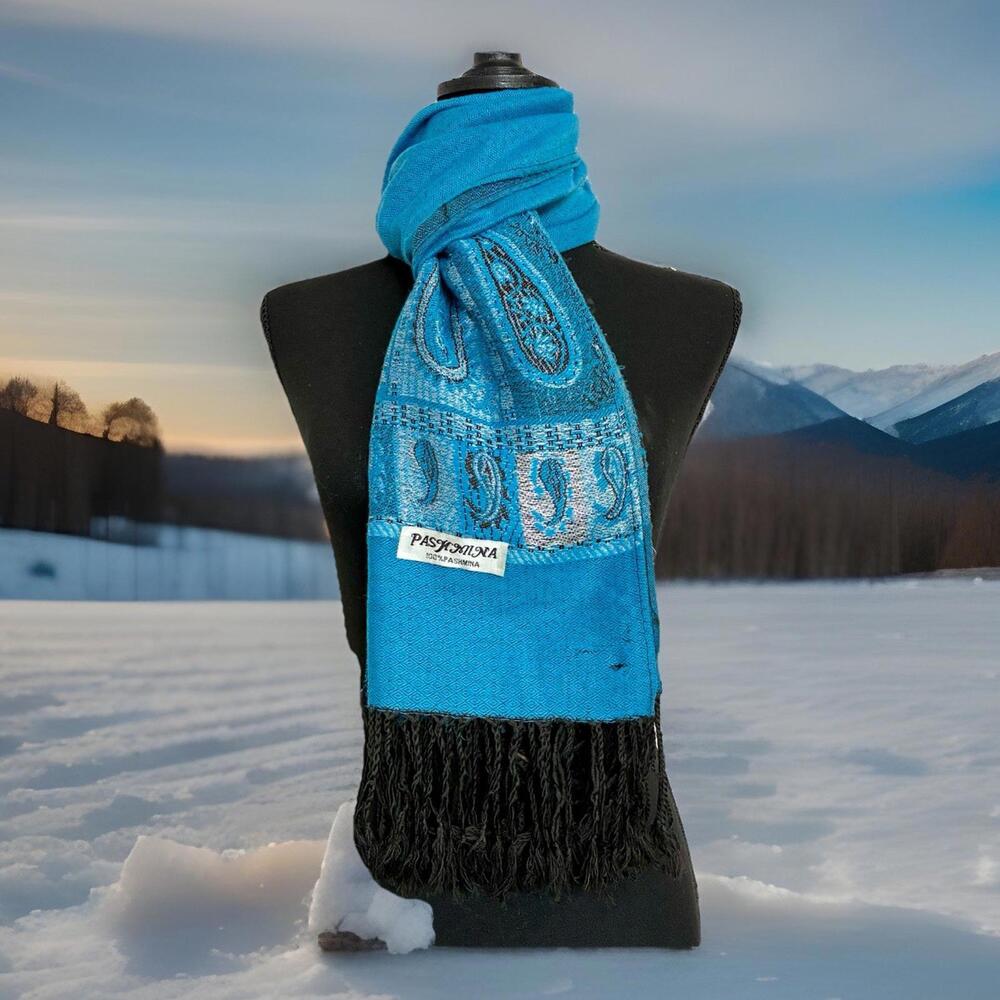 Teal Paisley Pashmina-Style Fringe Scarf Wrap Shawl, 27x70, Boho Festival